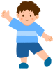 右手を斜め上に挙げて左脚を斜め下に挙げている男子