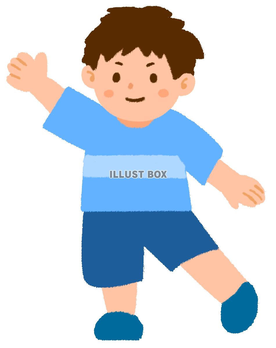 右手を斜め上に挙げて左脚を斜め下に挙げている男子