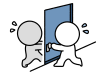 扉を引っ張りあう棒人間