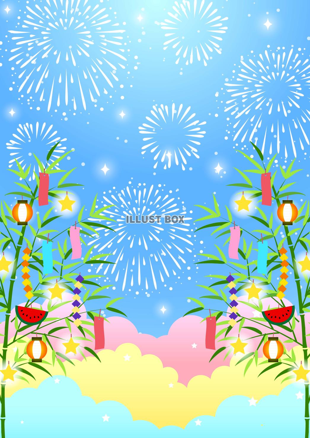 三色雲と花火のあるゆめかわ七夕背景タテ
