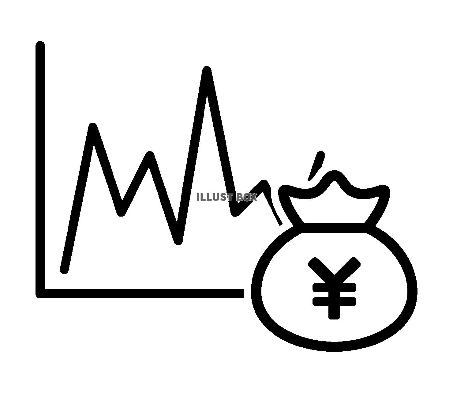 折れ線グラフとお金の巾着袋