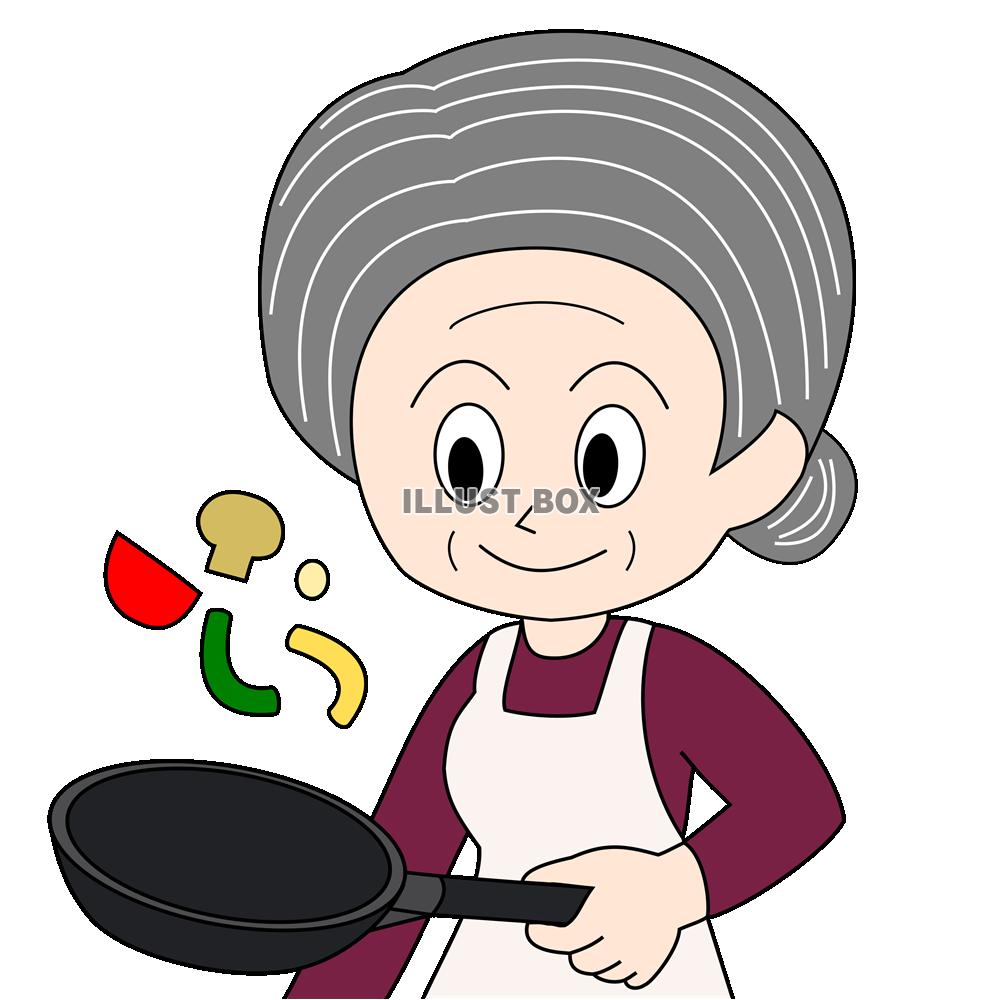 フライパンを持って料理するおばあさん