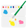 絵の具をおいた2枚のパレットと筆