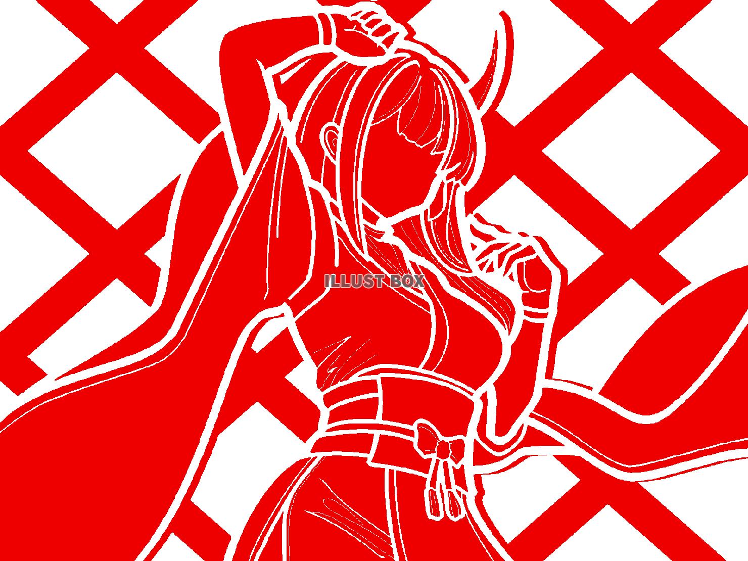 赤色の構える鬼の女性のシルエット