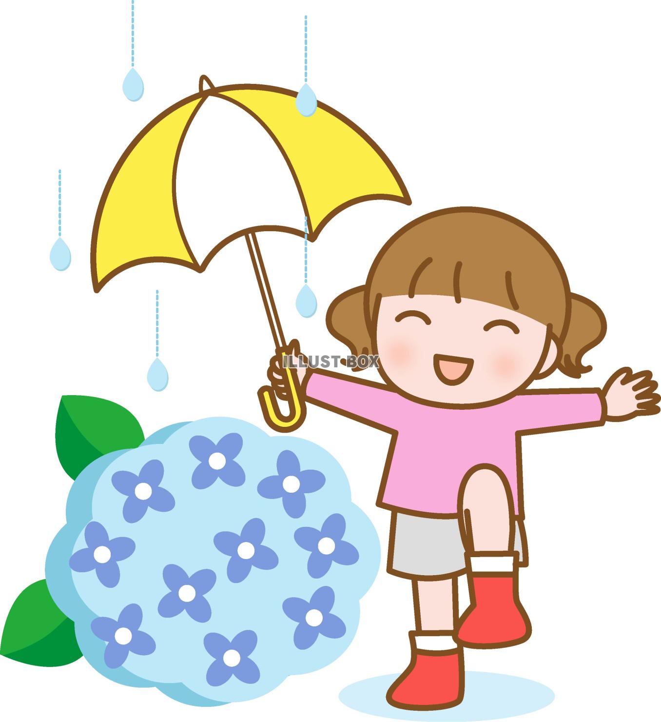 あじさいの花と傘をさした女の子