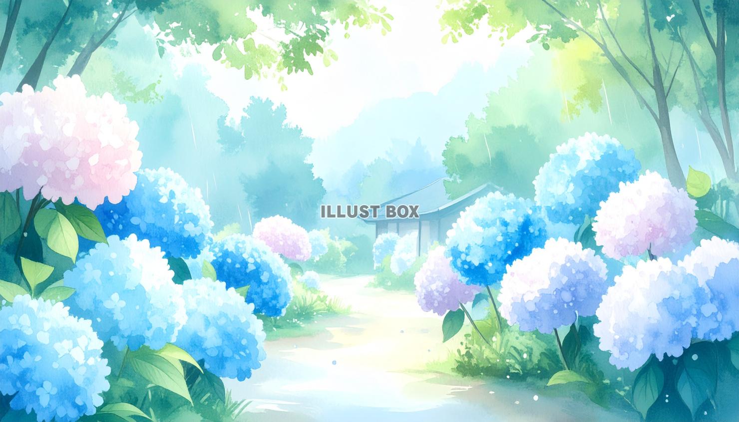 紫陽花の咲く風景の水彩画風の背景／壁紙のイラスト