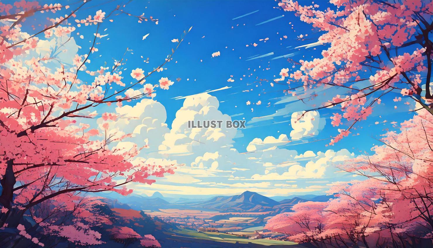 春の青空と桜のアニメ風の壁紙／背景のイラスト