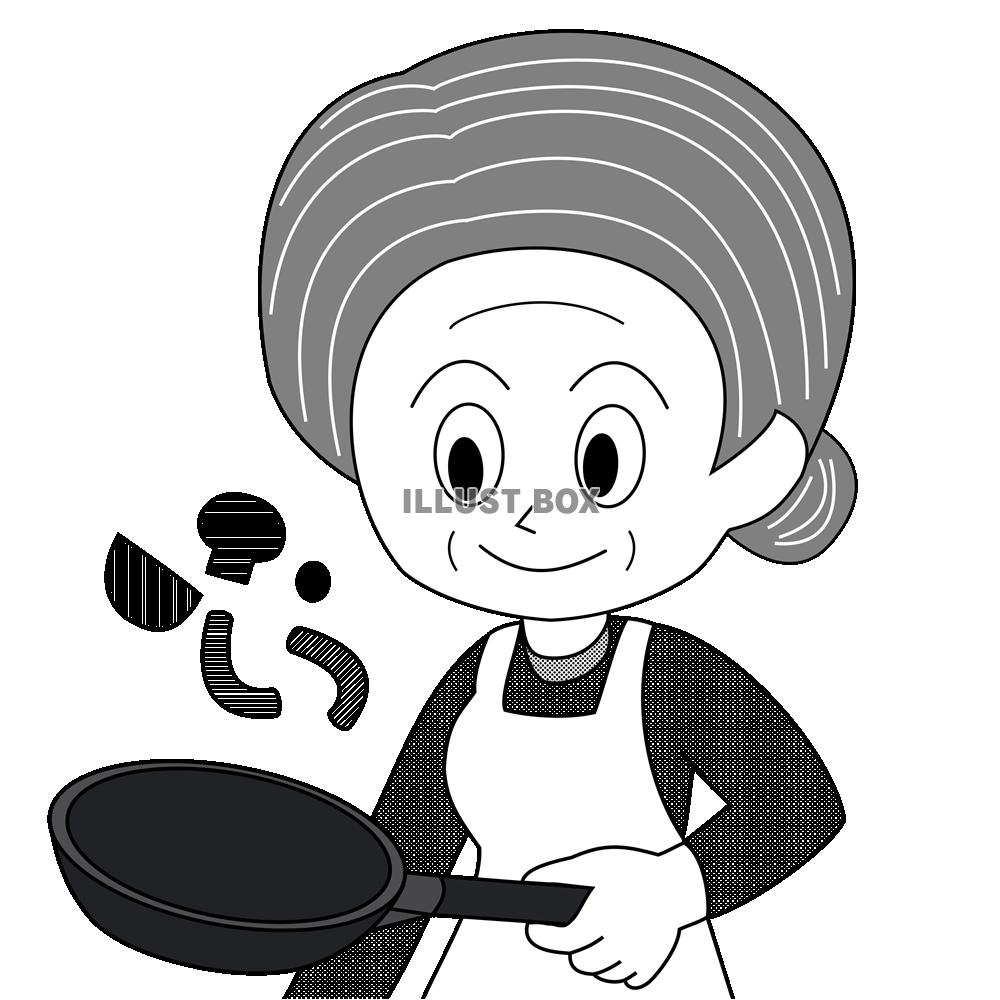 フライパンを持って料理するおばあさん（白黒）