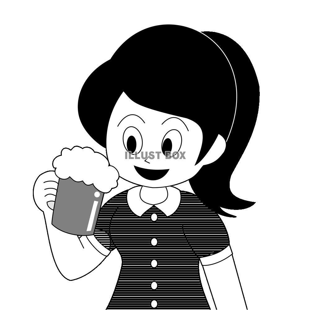 ビールを飲む女性（白黒）