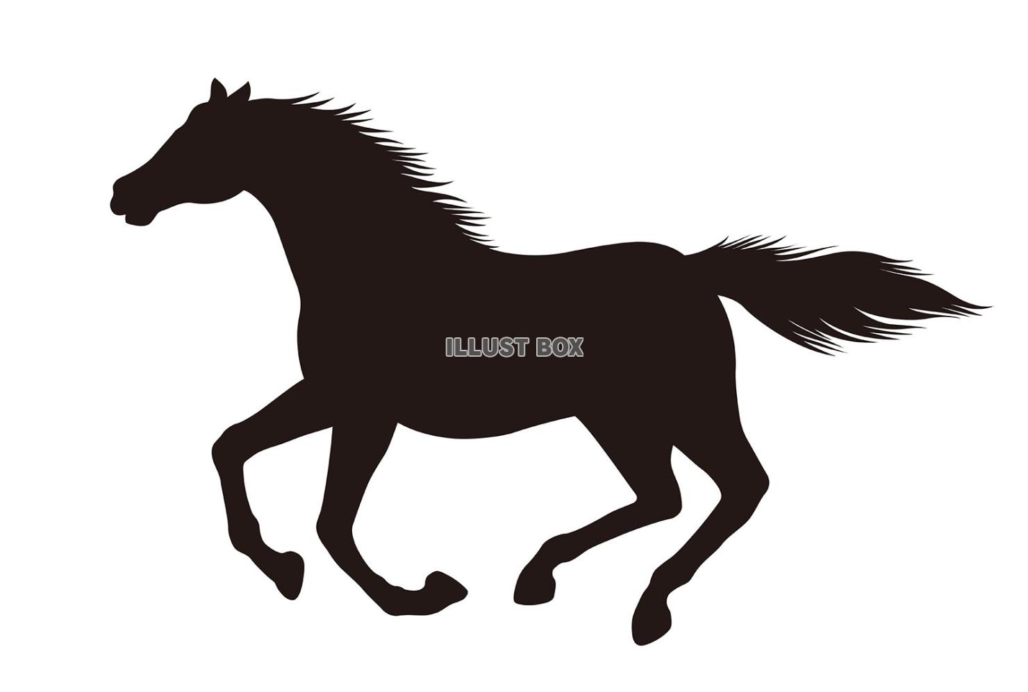 疾走する馬の白黒シルエットイラスト