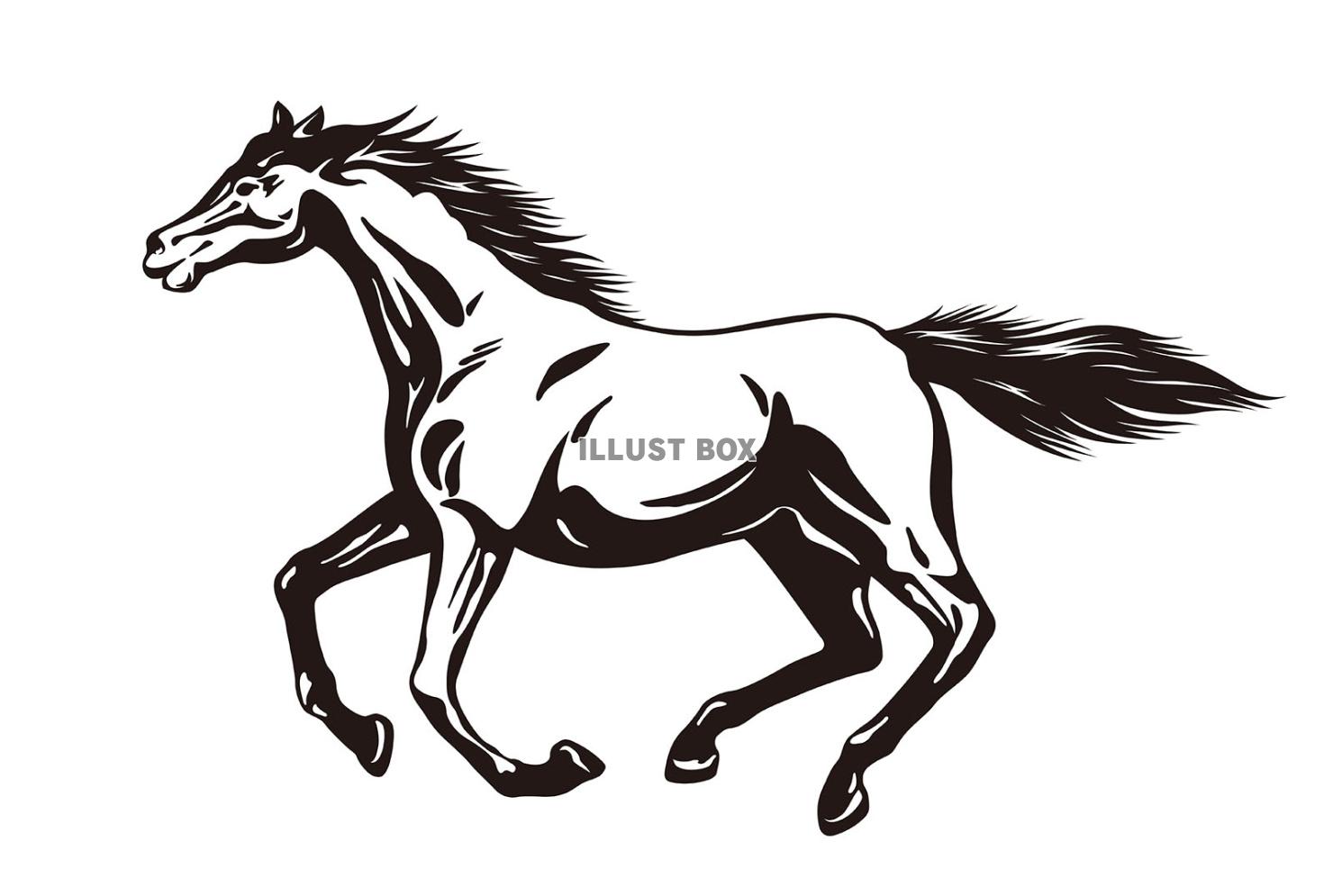 疾走する馬の白黒イラスト