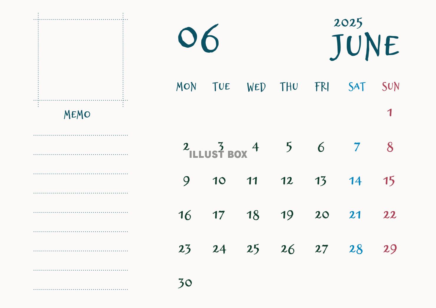 【JPG画像】2025年令和7年6月カレンダーA4サイズ横型...