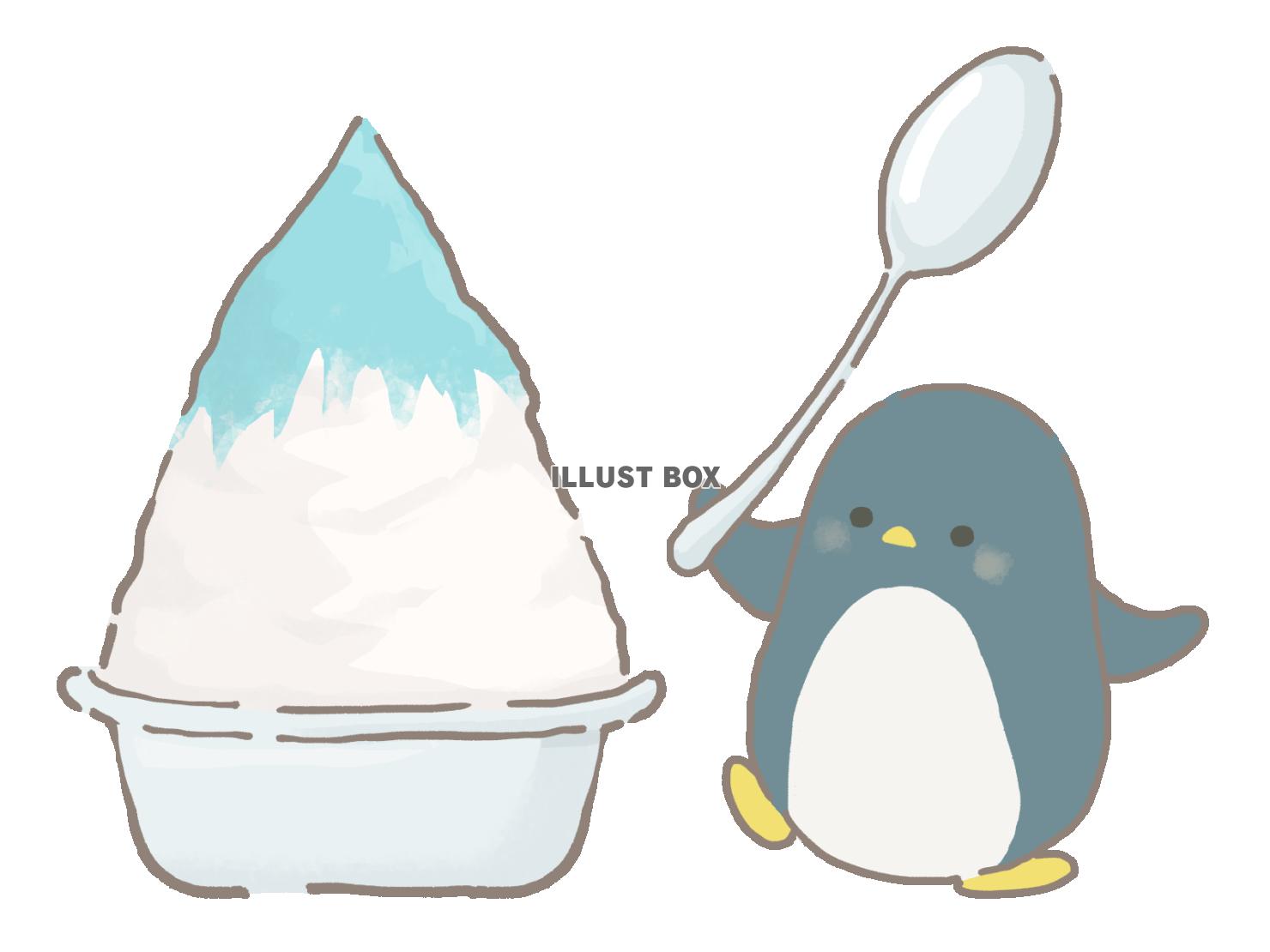 かき氷を食べようとするペンギンのイラスト