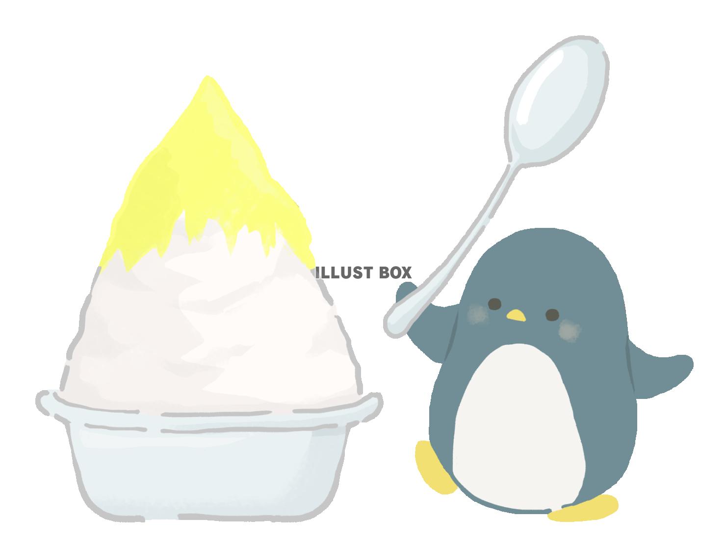 かき氷を食べようとするペンギンのイラスト