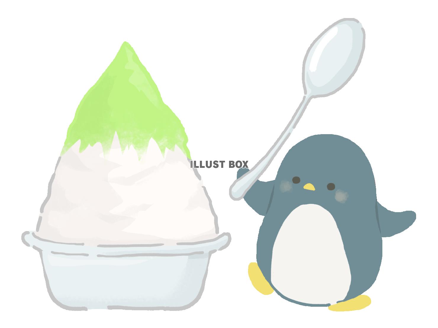 かき氷を食べようとするペンギンのイラスト