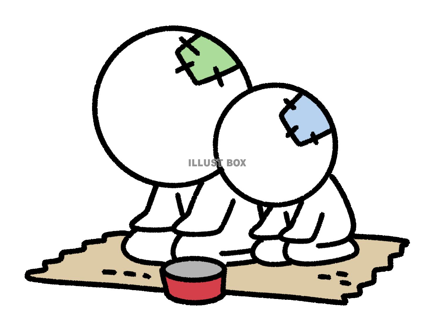物乞いをする棒人間の親子