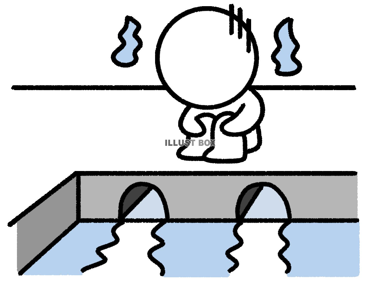 水の流れを見ながら落ち込んでいる棒人間