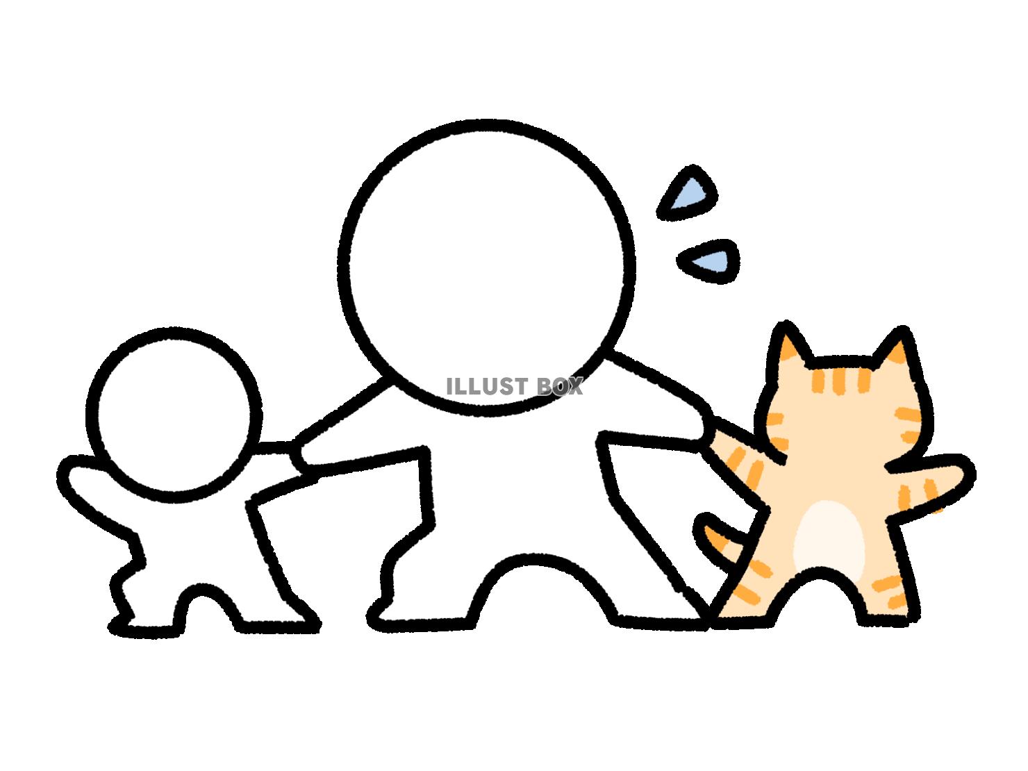 子供と猫に引っ張られる棒人間