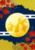文様紅葉・満月・麻の葉模様の雲・十五夜お月見和風背景・縦・月うさぎ