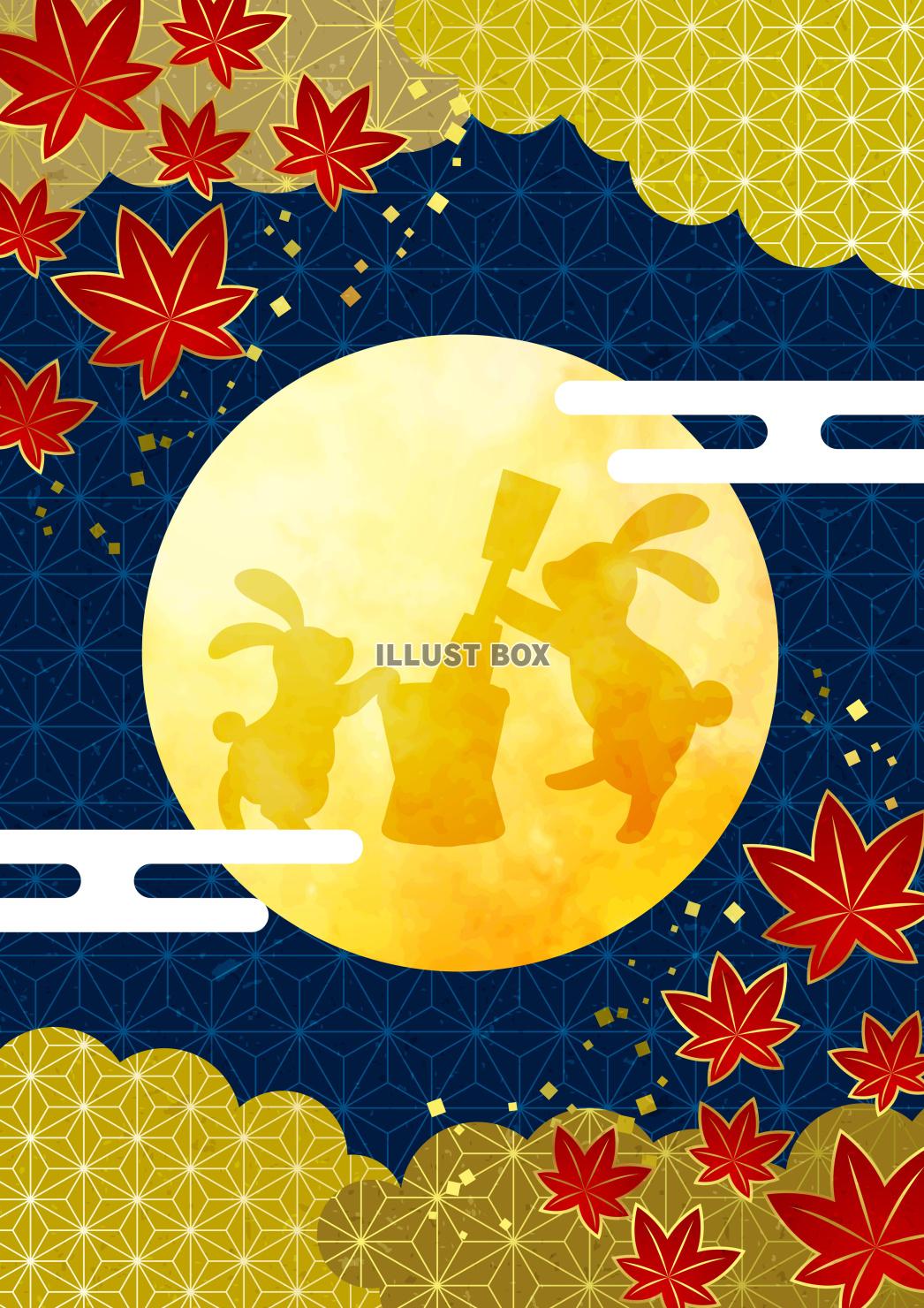 文様紅葉・満月・麻の葉模様の雲・十五夜お月見和風背景・縦・月...