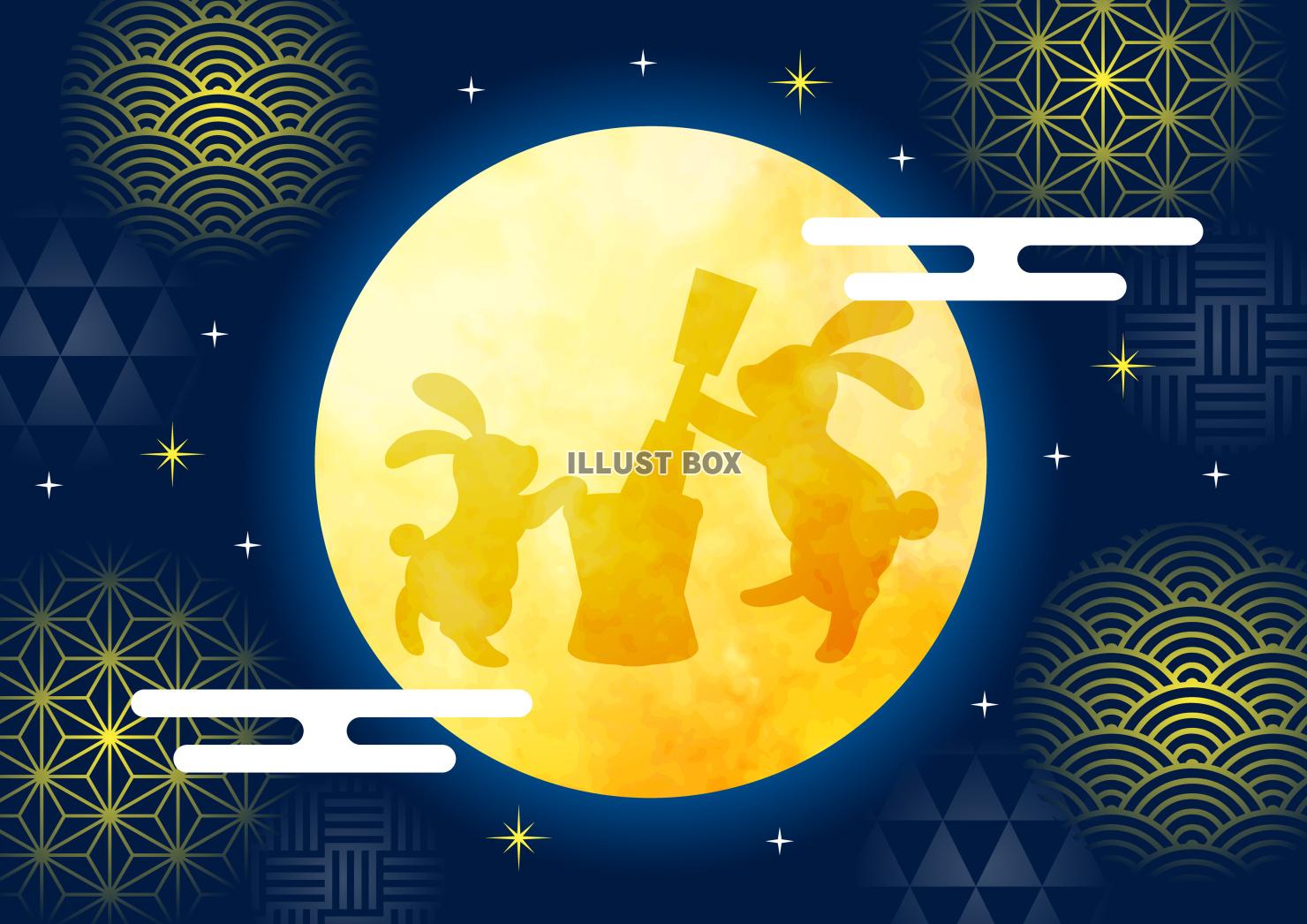 満月・和柄玉・十五夜お月見和風背景・横・月うさぎ