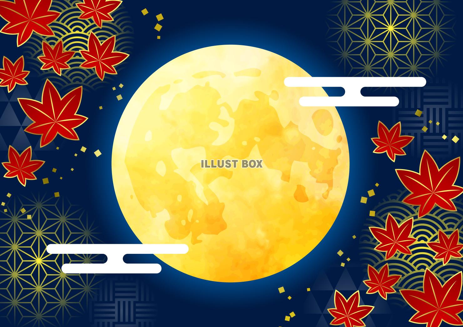 文様紅葉・満月・和柄・十五夜お月見和風背景・横