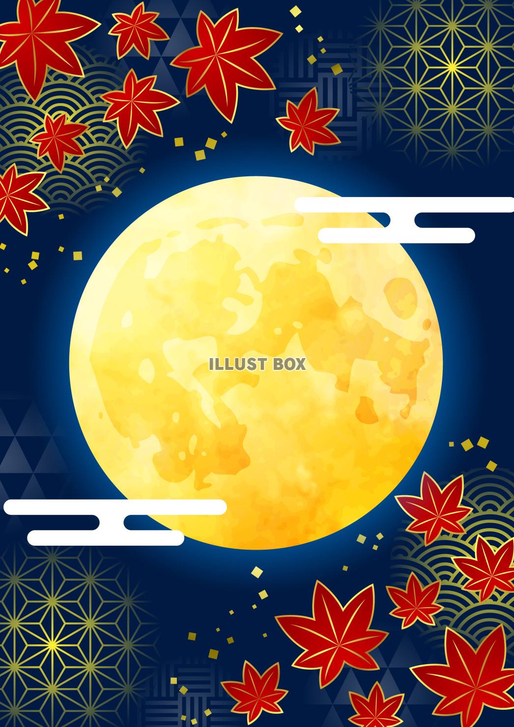 文様紅葉・満月・和柄・十五夜お月見和風背景・縦