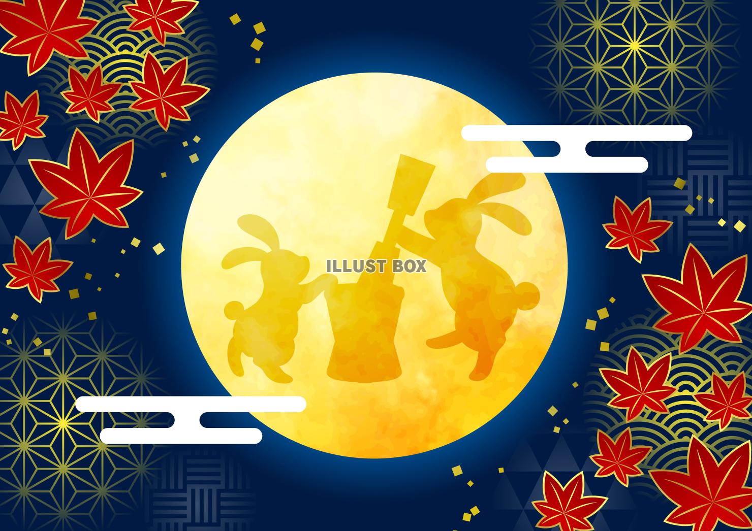 文様紅葉・うさぎ・和柄・十五夜お月見和風背景・横