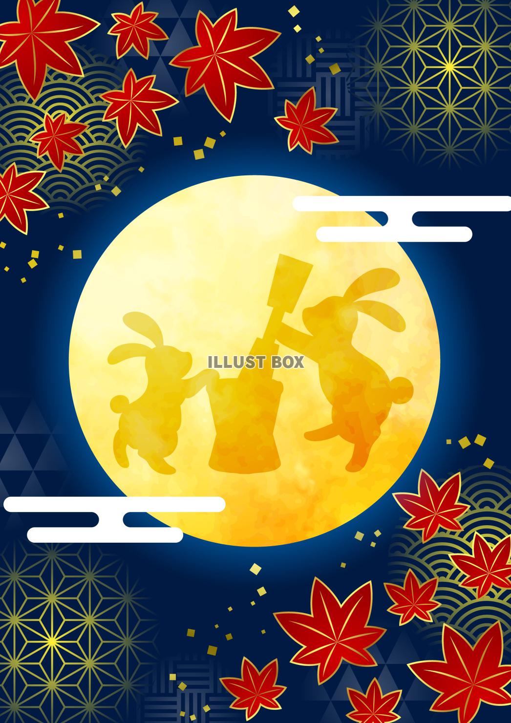 文様紅葉・うさぎ・和柄・十五夜お月見和風背景・縦