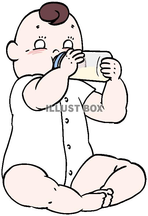 座ってミルクを飲むふくよかな赤ちゃん