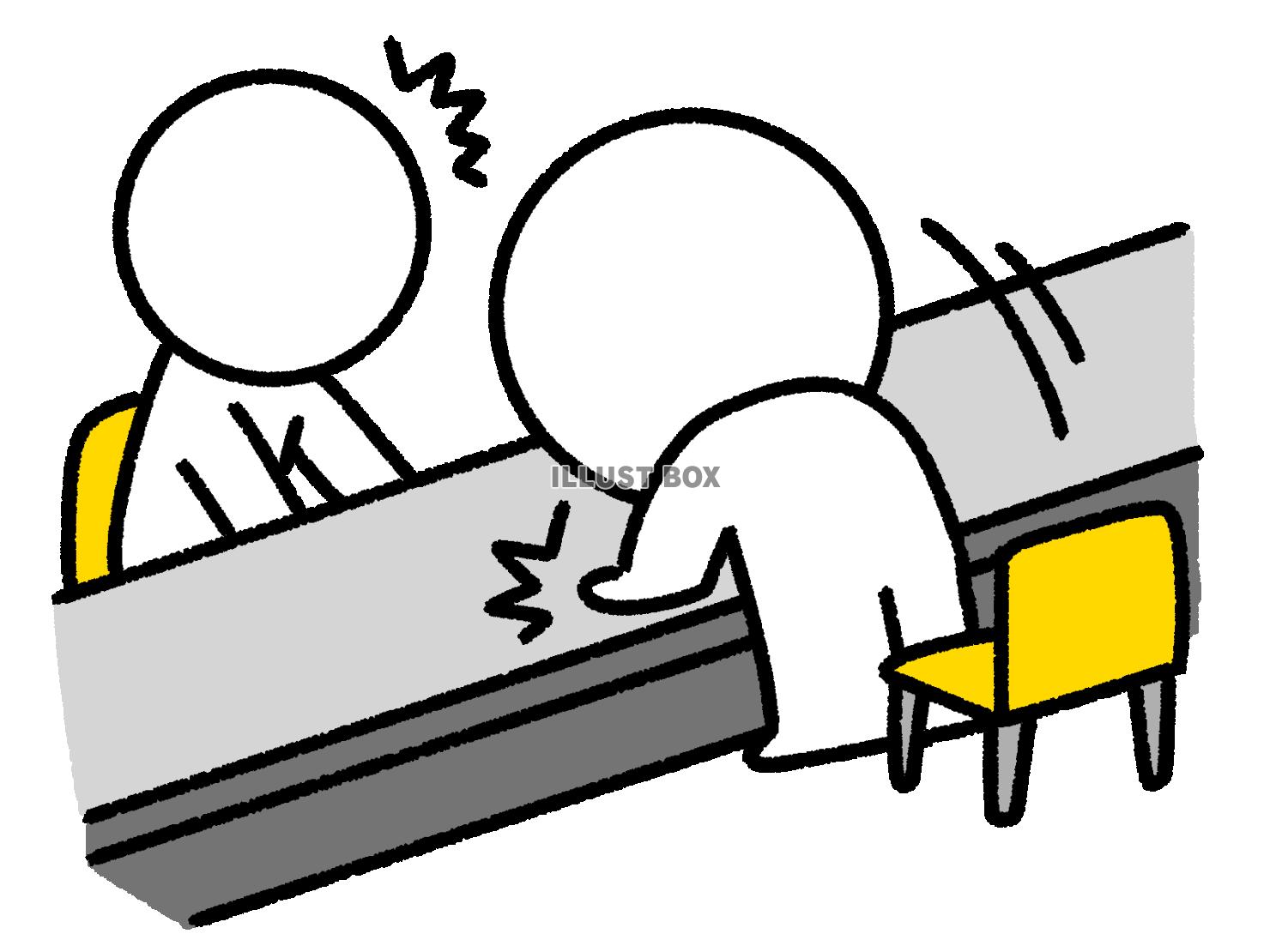 机を叩いて怒る人に驚く棒人間