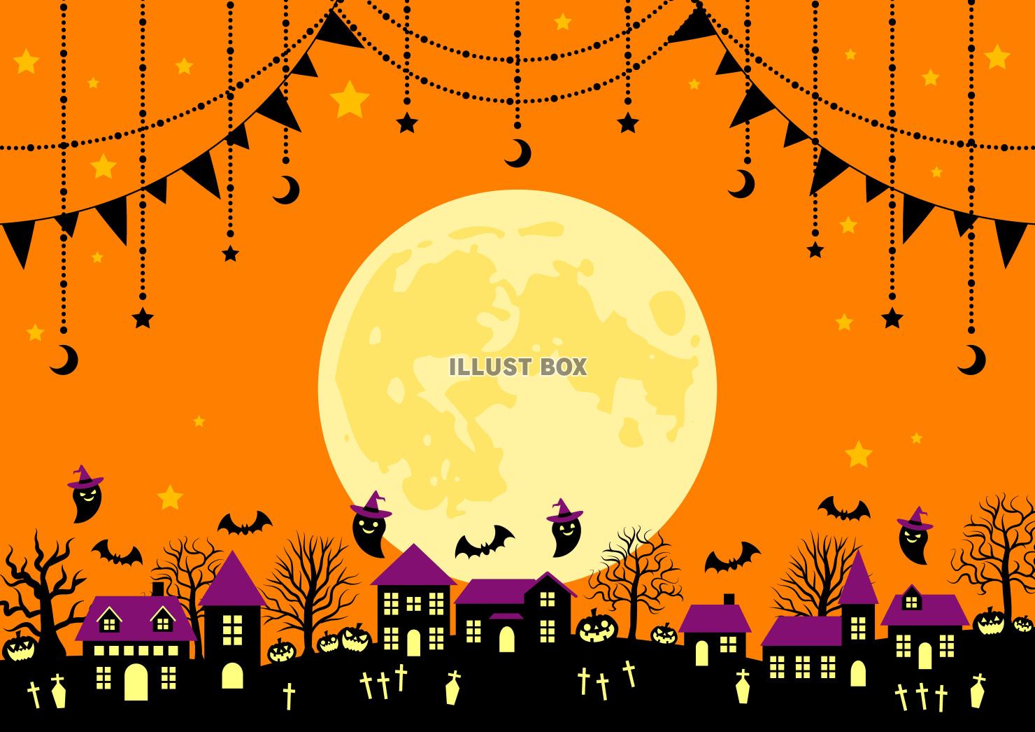 ハロウィン村・満月・背景・オレンジ・横