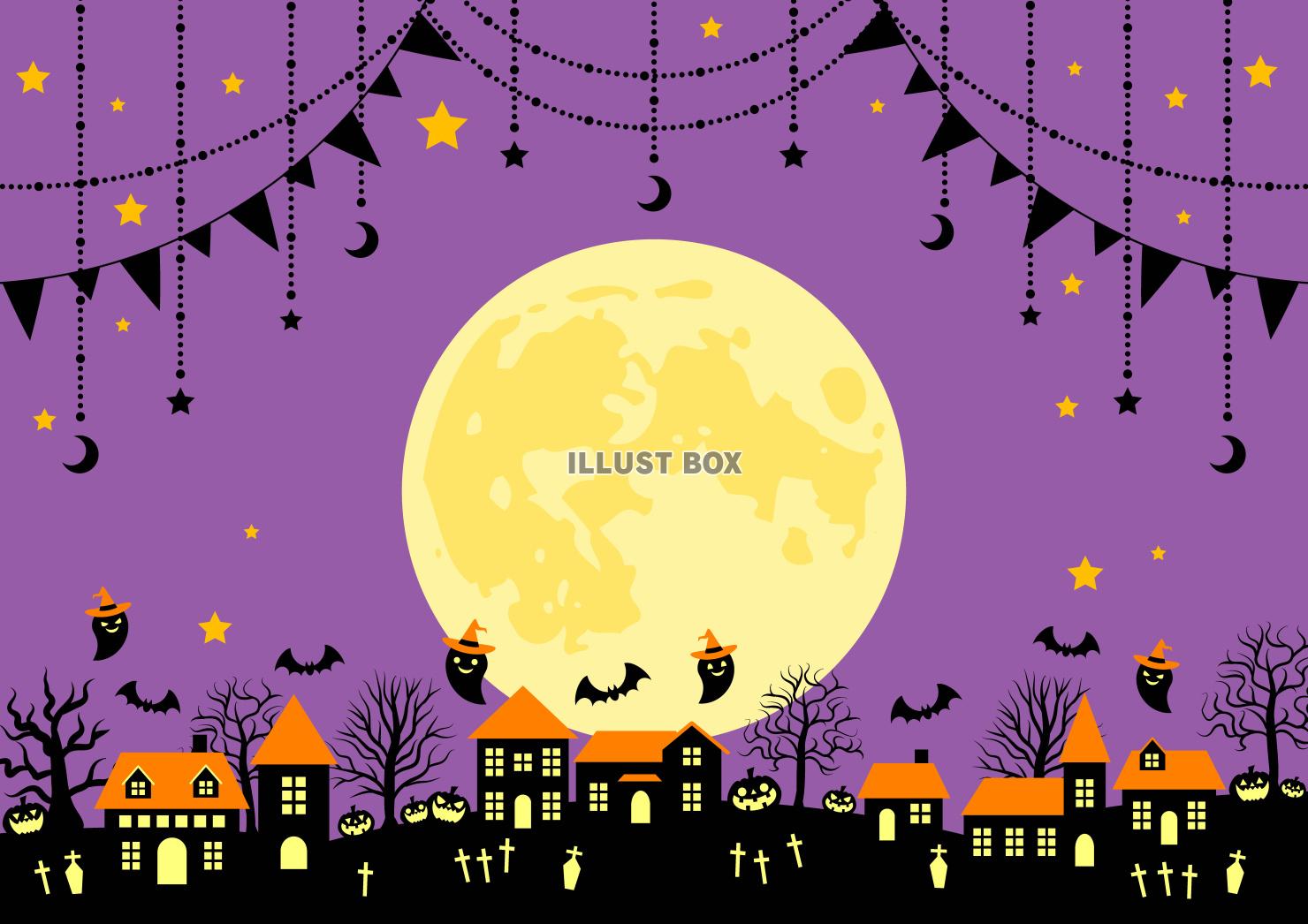 ハロウィン村・満月・背景・紫・横