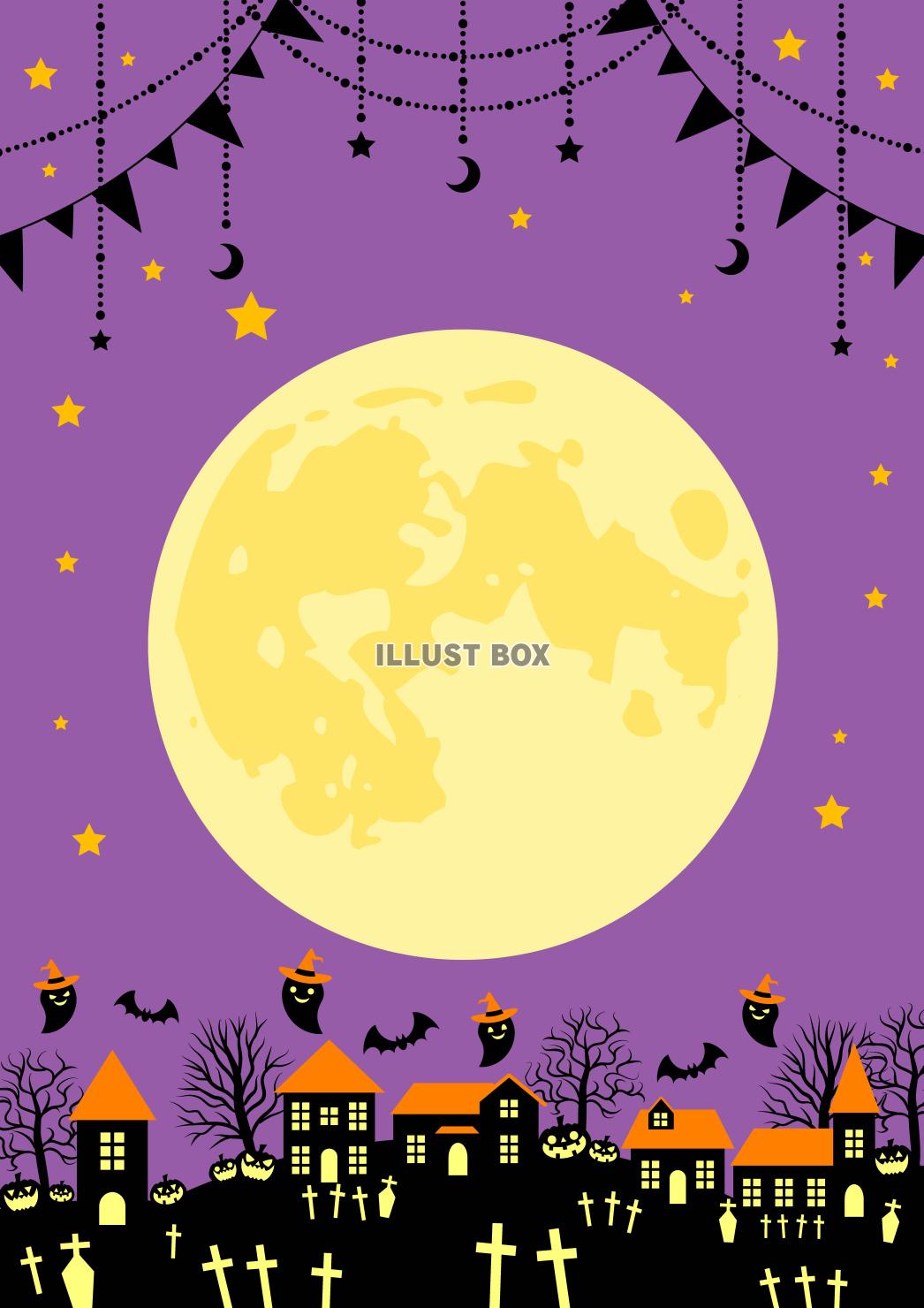 ハロウィン村・満月・背景・紫・縦