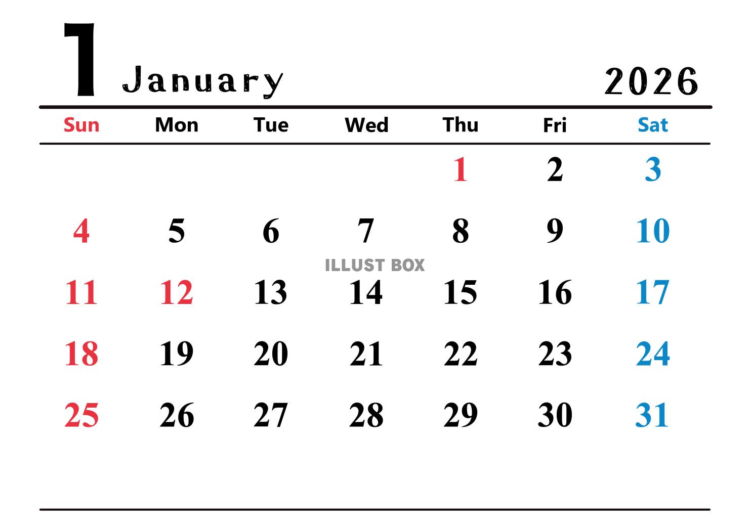 2026年(令和8年)1月カレンダー 横長