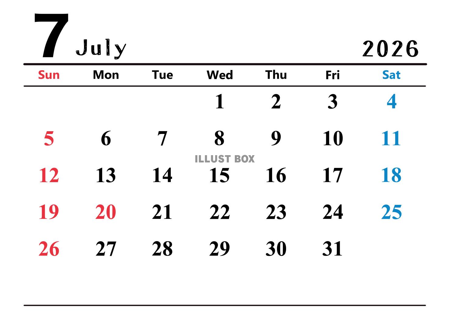 2026年(令和8年)7月カレンダー 横長