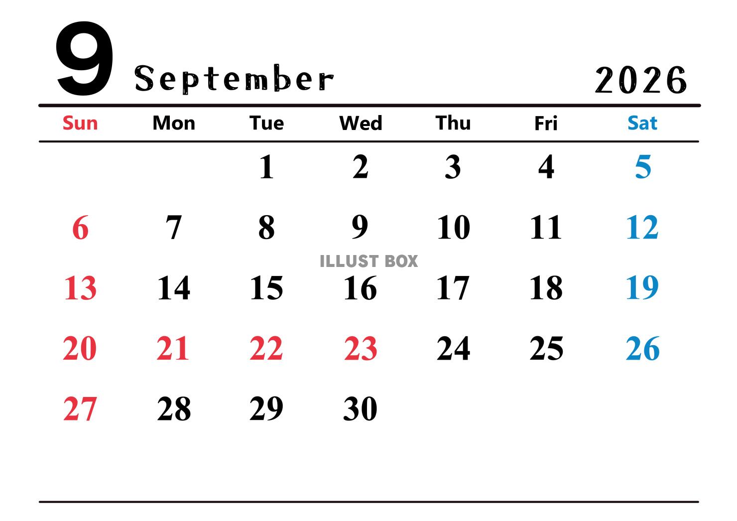 2026年(令和8年)9月カレンダー 横長