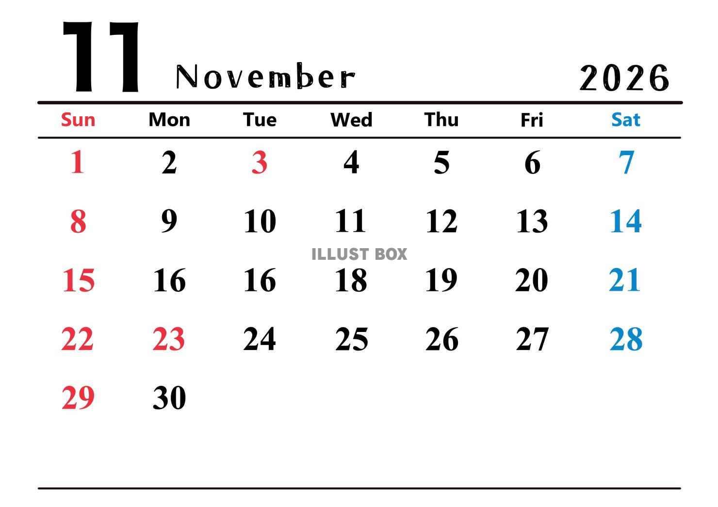 2026年(令和8年)11月カレンダー 横長