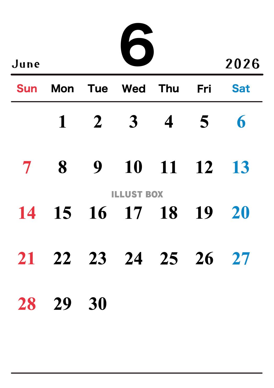 2026年(令和8年)6月カレンダー 縦長