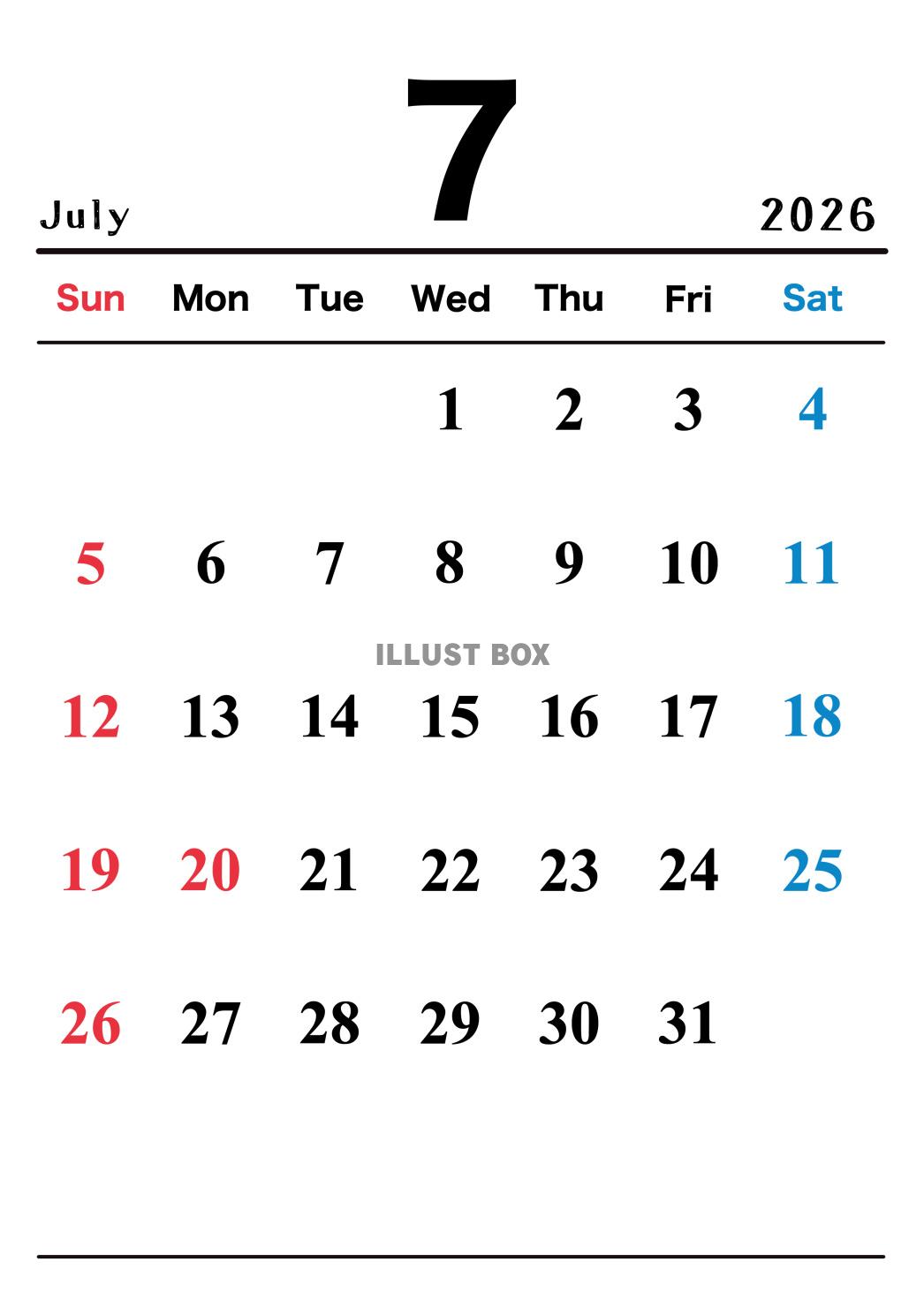 2026年(令和8年)7月カレンダー 縦長