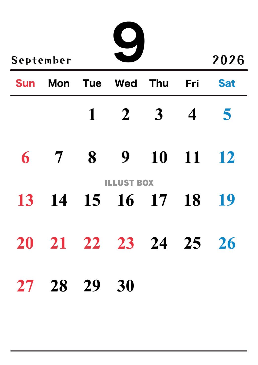 2026年(令和8年)9月カレンダー 縦長
