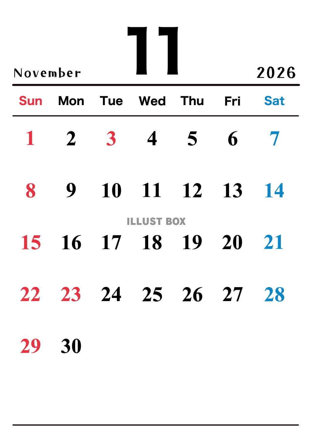 2026年(令和8年)11月カレンダー 縦長
