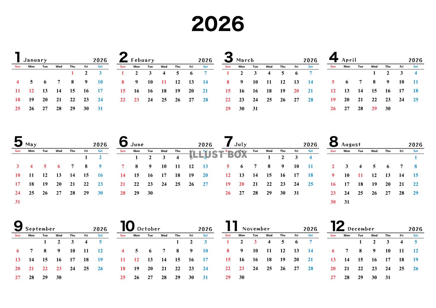 2026年(令和8年)年間カレンダー 横長