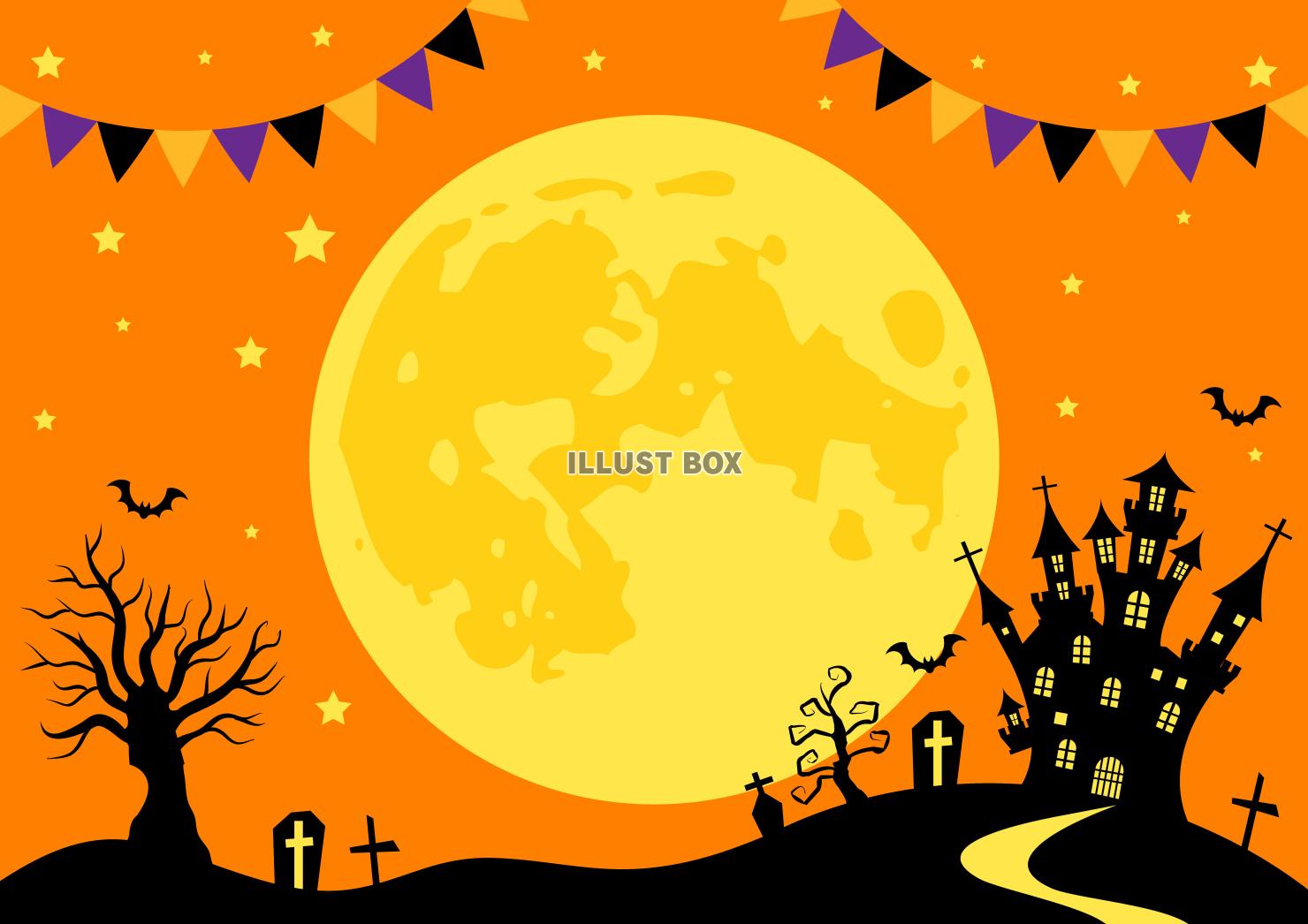 ハロウィーン背景・クレーター・旗・月・オレンジ・横