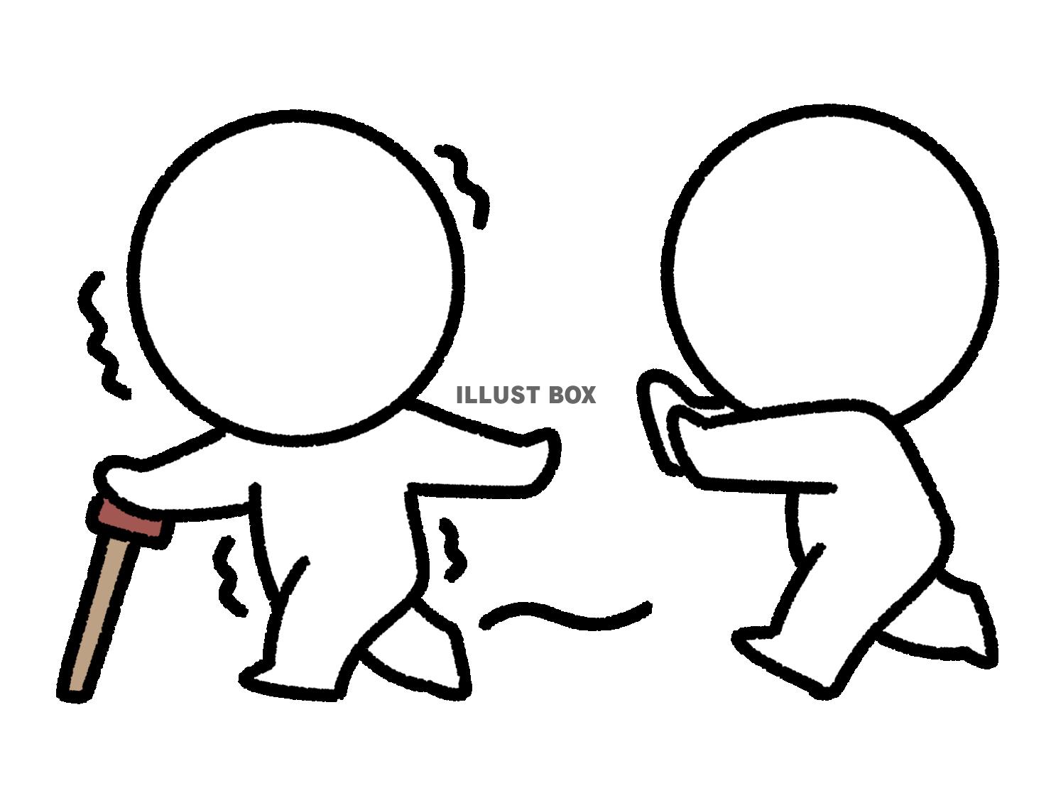 杖をついたヨボヨボの人を追いかける棒人間