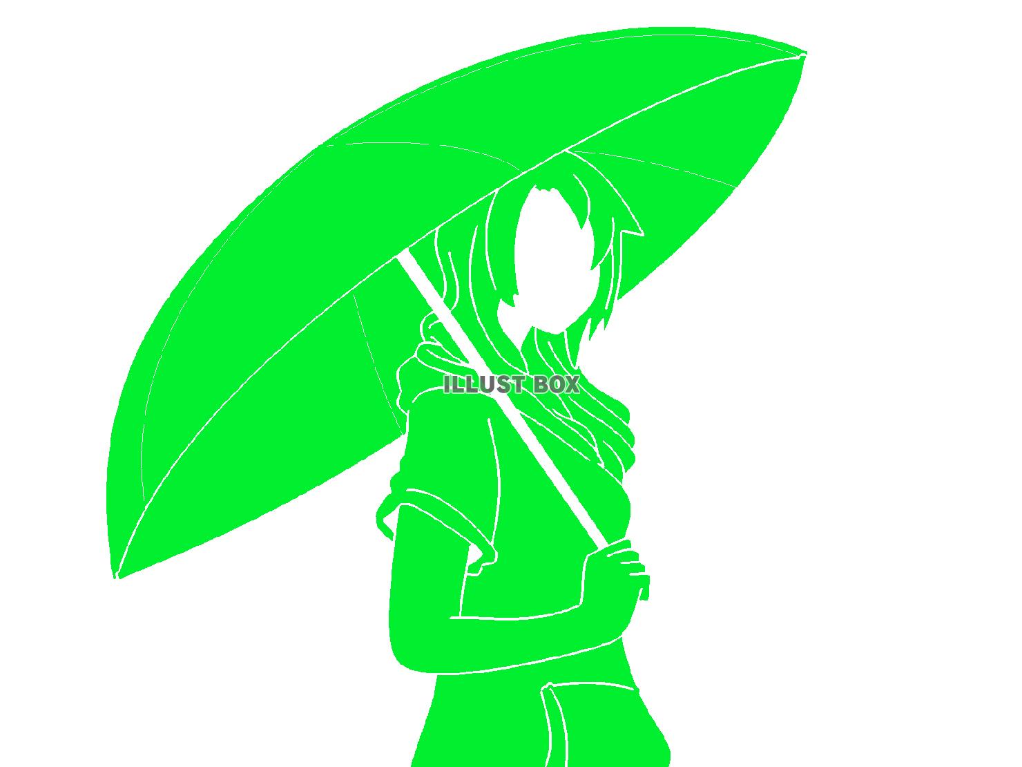 緑色の傘をさす女性のシルエット
