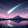 夜空に流れる幻想的な彗星と富士山のイラスト