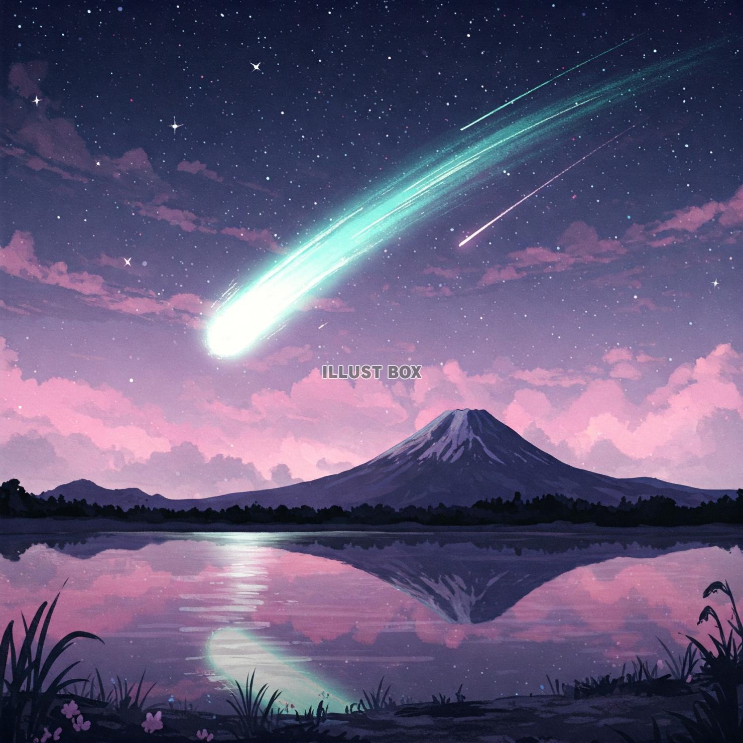 夜空に流れる幻想的な彗星と富士山のイラスト