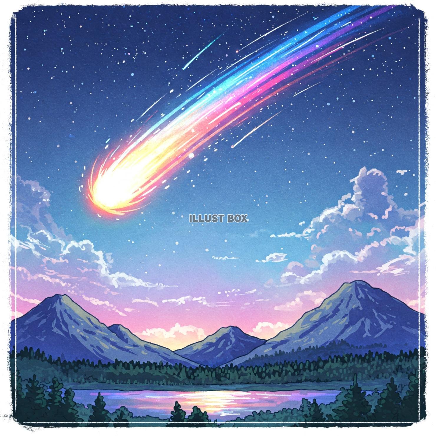夜空に流れる幻想的な彗星と富士山のイラスト２