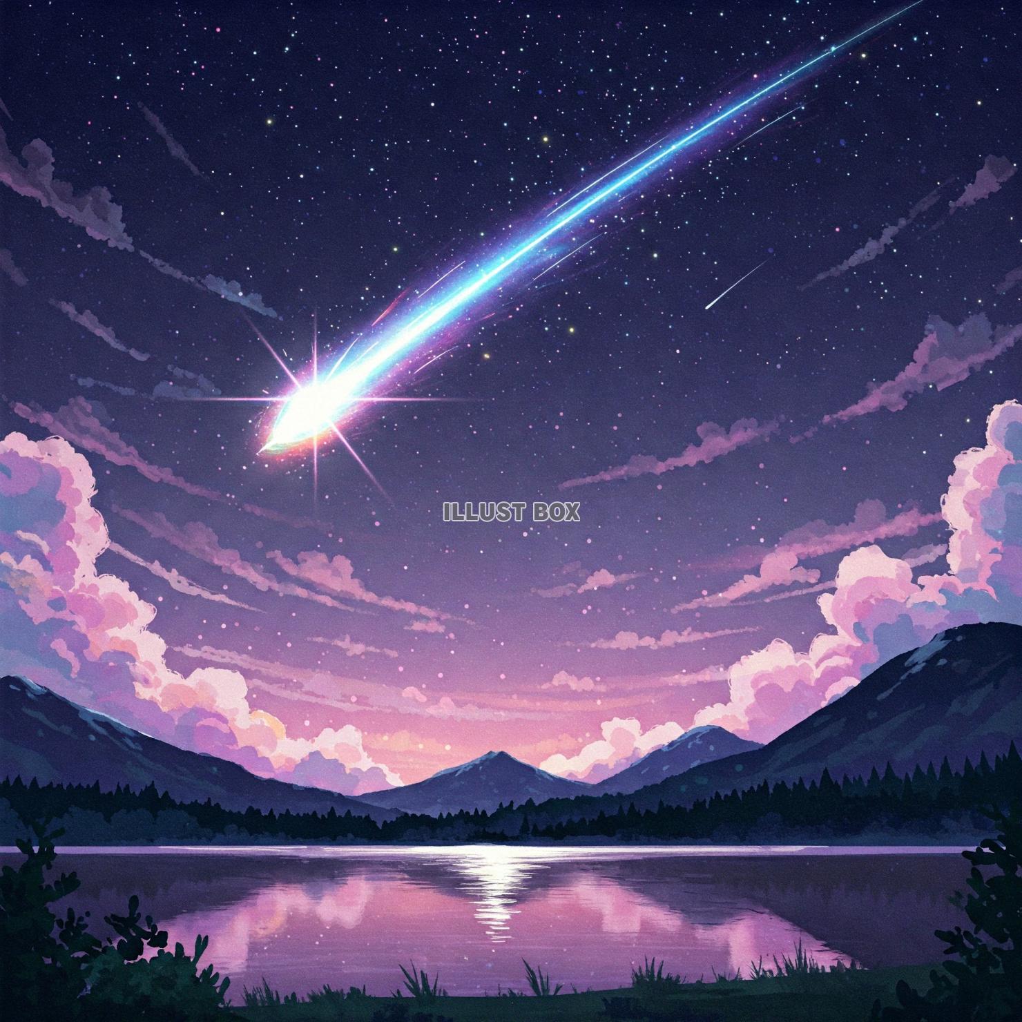 夜空に流れる幻想的な彗星と富士山のイラスト３